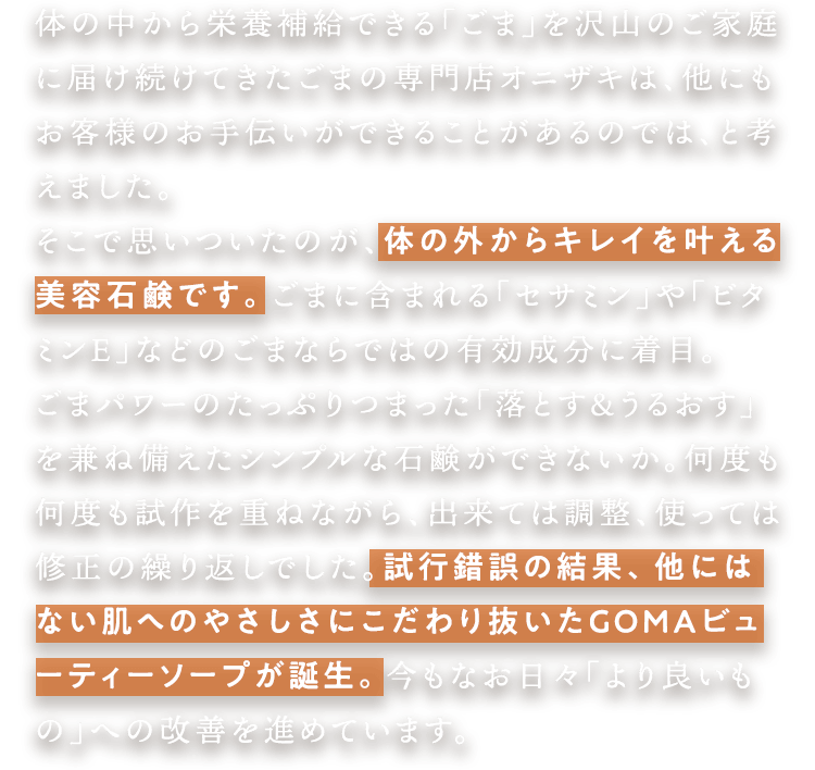 体の中から栄養補給できる「ごま」をたくさんのご家庭に届け続けてきたごまの専門店オニザキは、他にもお客様のお手伝いができることがあるのでは、と考えました。